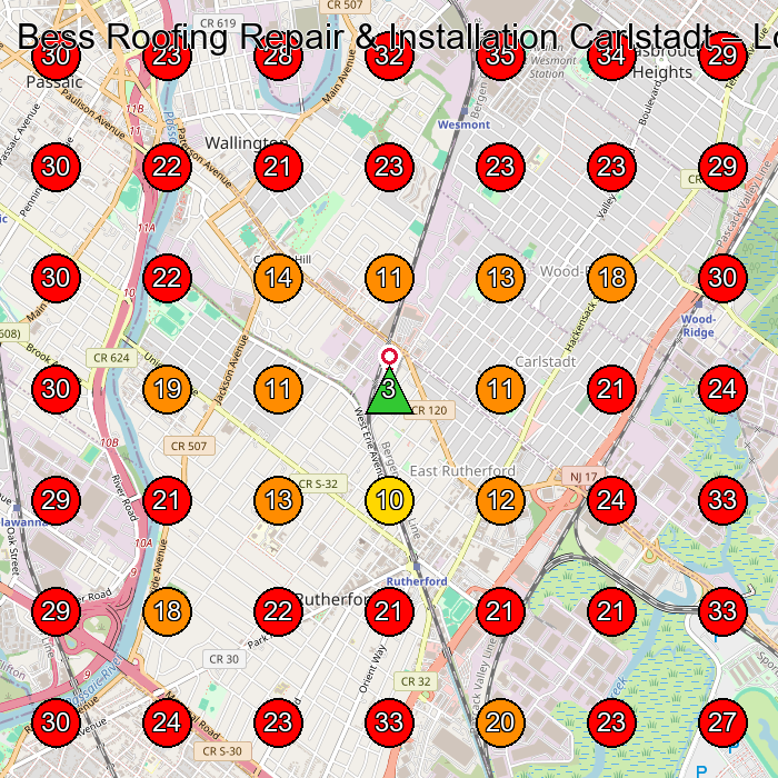 Bess Roofing Repair & Installation Carlstadt GeoGrid visibility map for Roofing Contractor in East Rutherford